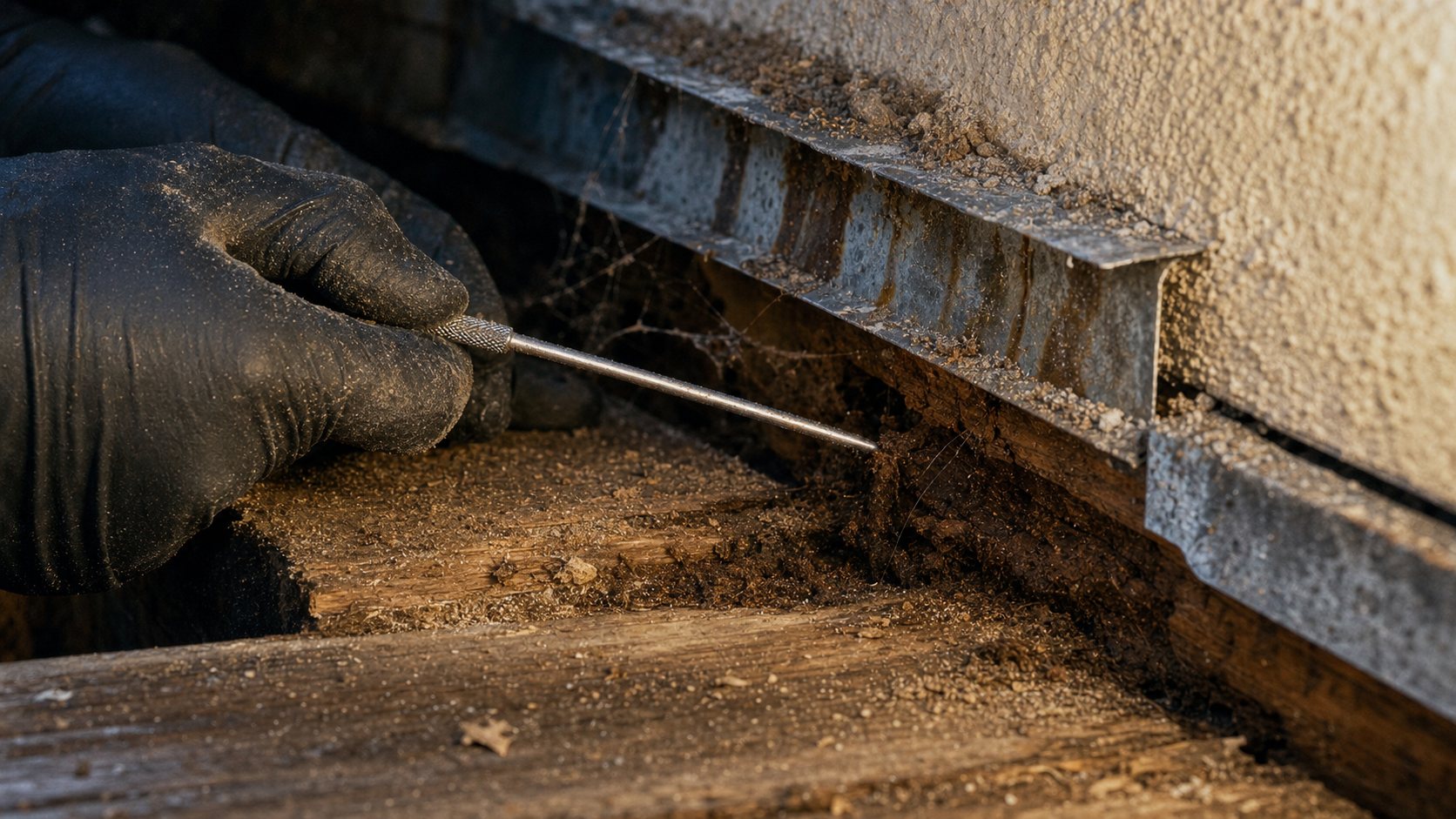 Gloved hand probing soft-rot wood where metal step-flashing meets a stucco wall