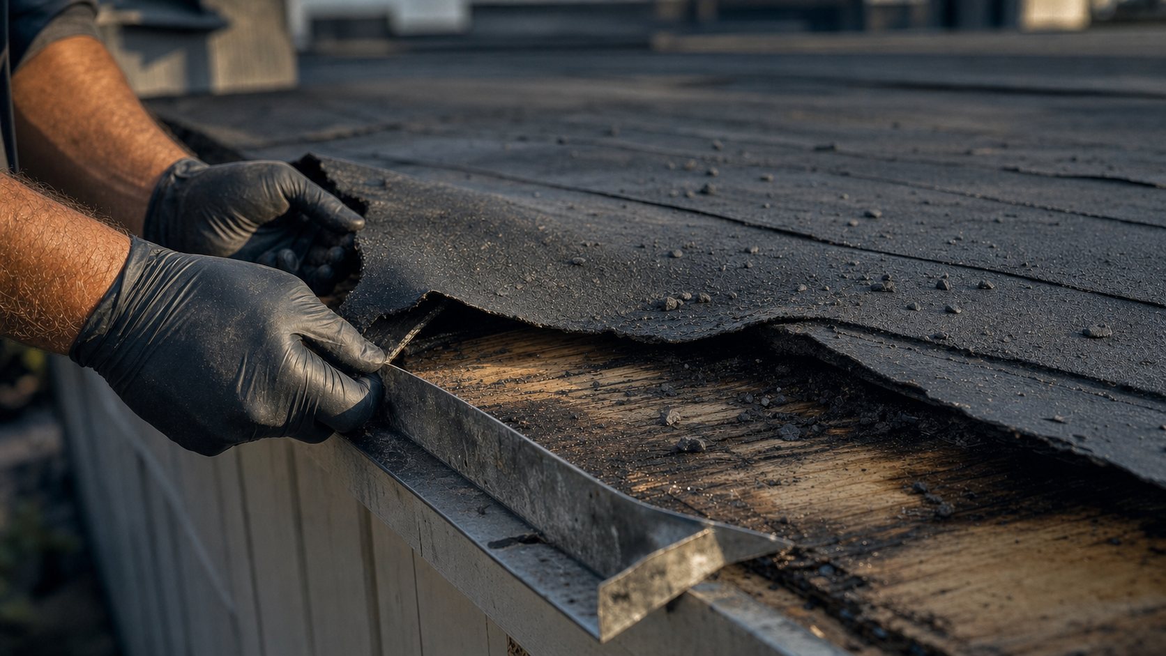 Gloved hand lifting failed torch-down membrane at a deck edge, exposing damaged plywood and drip-edge flashing