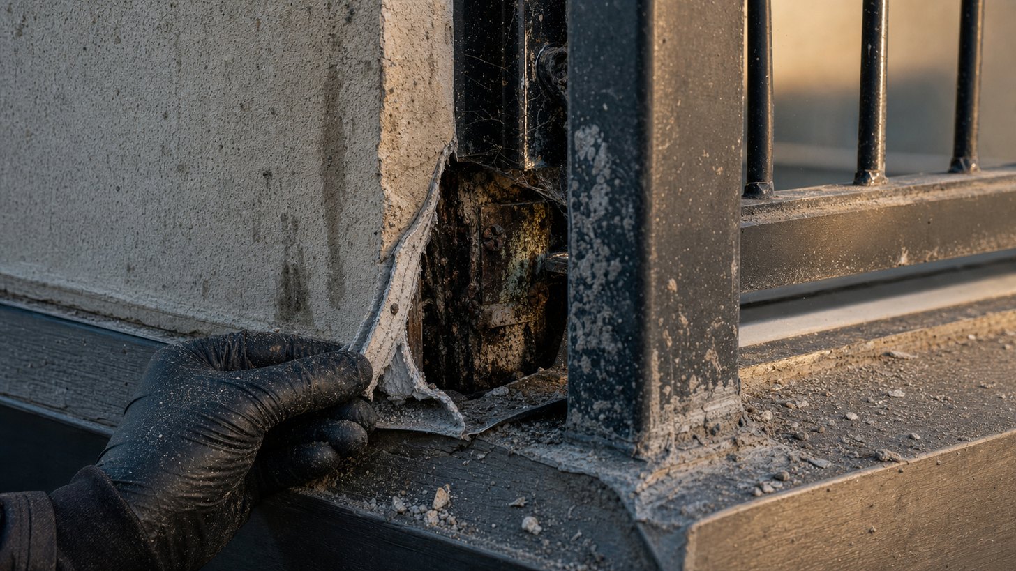 Gloved hand pulling back failed sealant and cracked stucco at the base of a balcony rail post, exposing corroded steel and rot